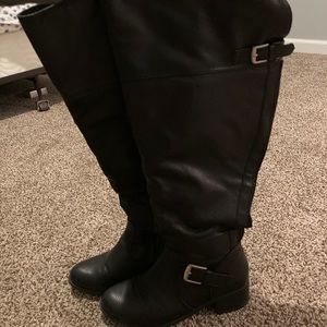 Black Leather Thigh High Boots w/ Buckle Size 8W